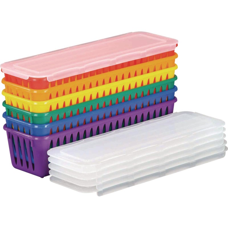 Really Good Stuff Storage Baskets, Set of 6 - Rainbow Colors with Sliding Lids - Plastic Mesh Bins for Pencils, Markers, Art Supplies - 3.25x10x2.5 inches - Image 1